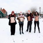 Group of 4 Gals Flashing Breasts Outdoors Winter