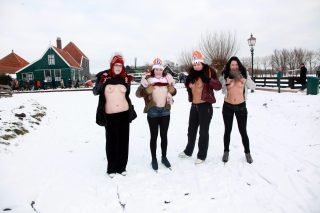 Group of 4 Gals Flashing Breasts Outdoors Winter