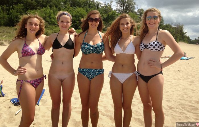 5 Girls Just One Showing Pussy on Beach