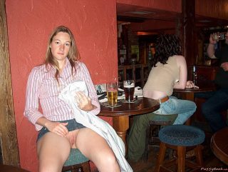 lift skirt to show cunt at the bar